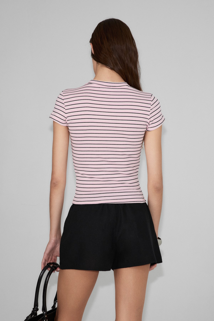 HOPEWELL Kadın Yuvarlak Yaka Örme Slim Fit Pembe-Siyah-Beyaz Çizgili T-Shirt