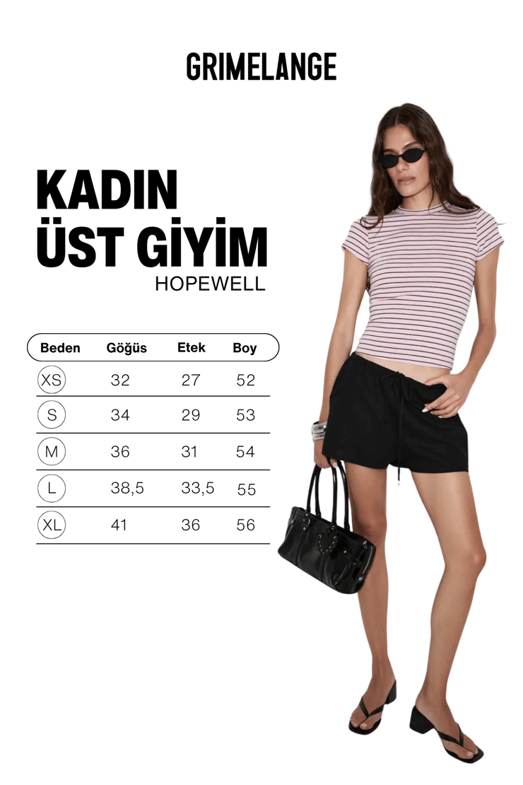 HOPEWELL Kadın Yuvarlak Yaka Örme Slim Fit Pembe-Siyah-Beyaz Çizgili T-Shirt