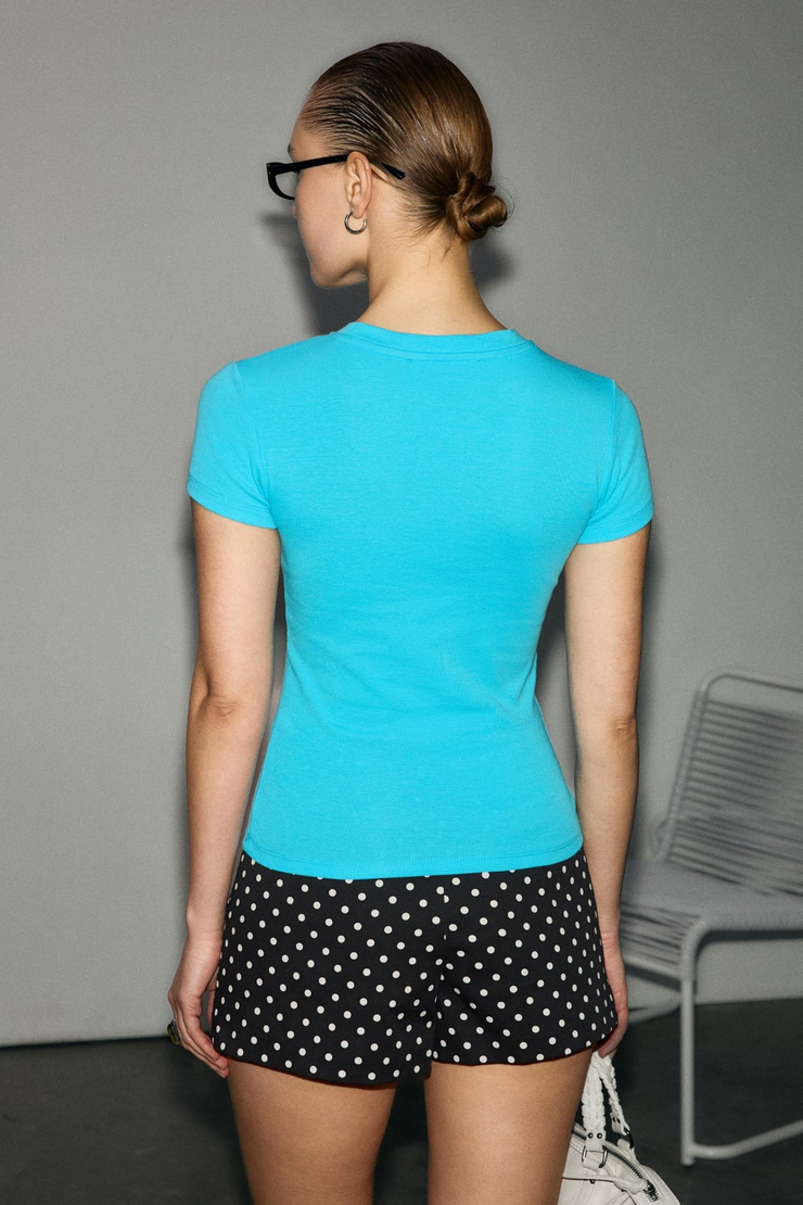HOPEWELL Kadın Yuvarlak Yaka Örme Slim Fit Turkuaz T-Shirt
