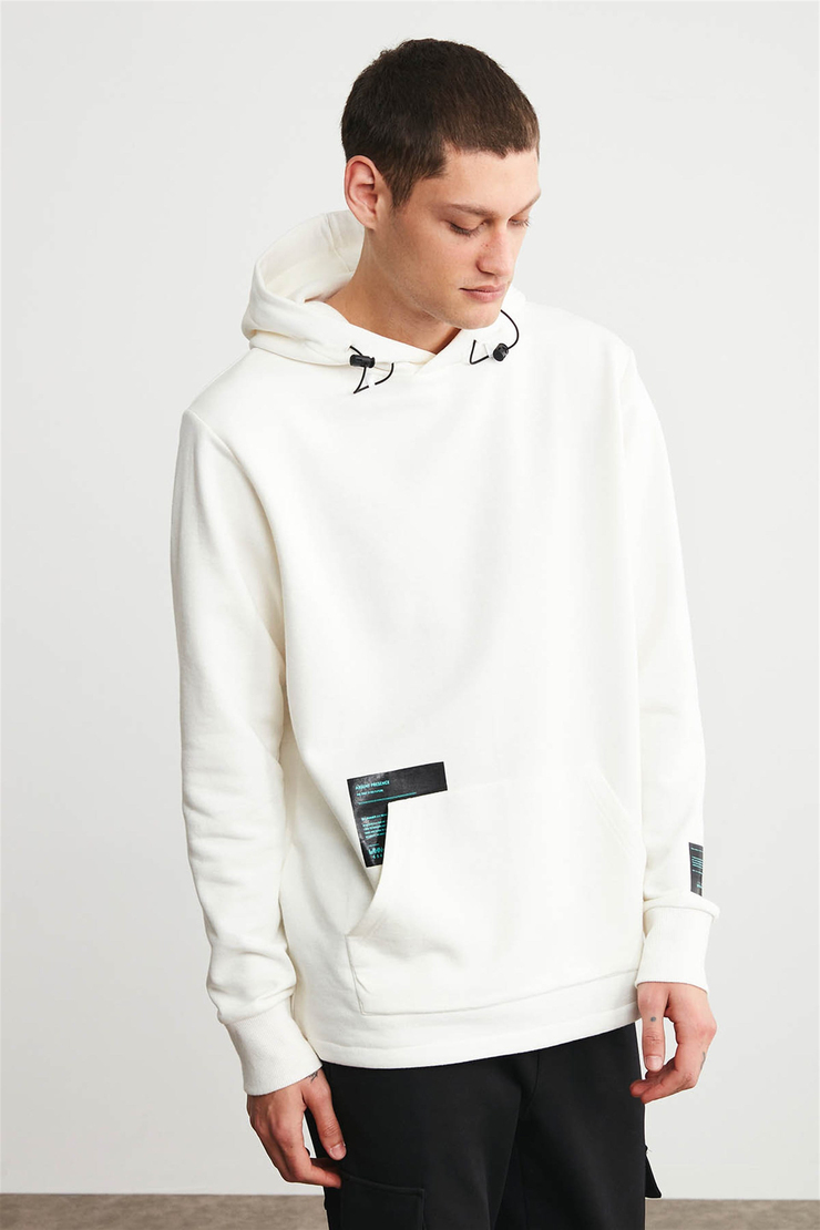 IAGO Erkek Ekru Baskılı Kapüşonlu Oversıze Sweatshirt