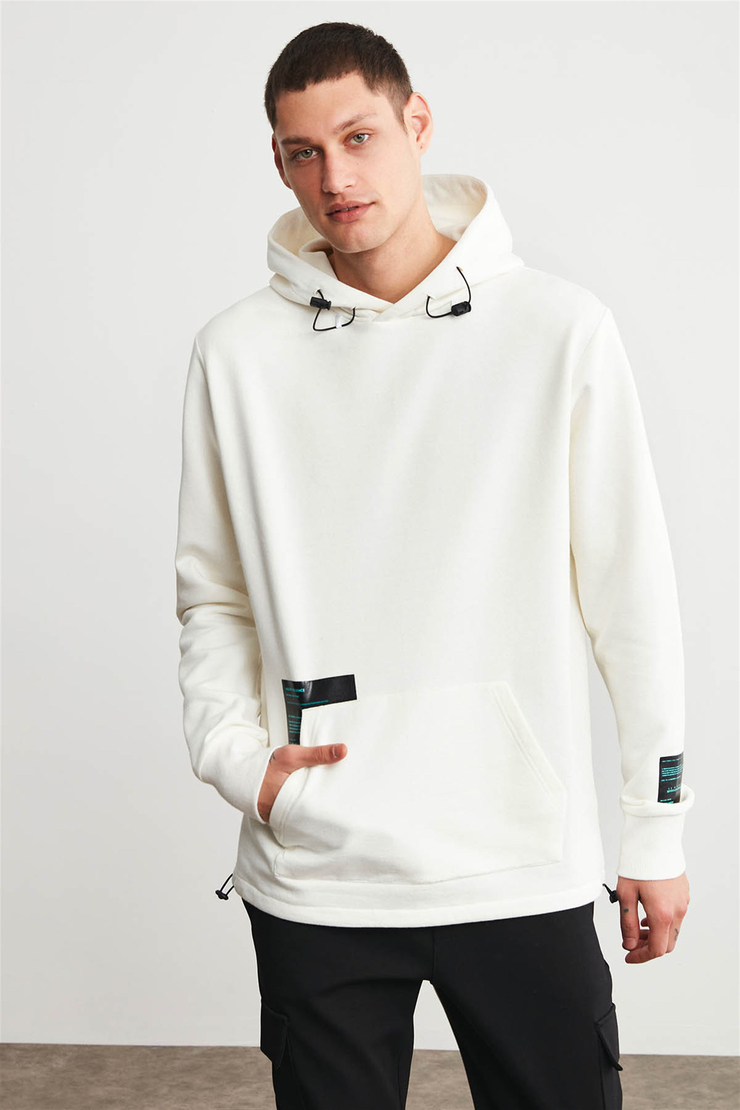 IAGO Erkek Ekru Baskılı Kapüşonlu Oversıze Sweatshirt