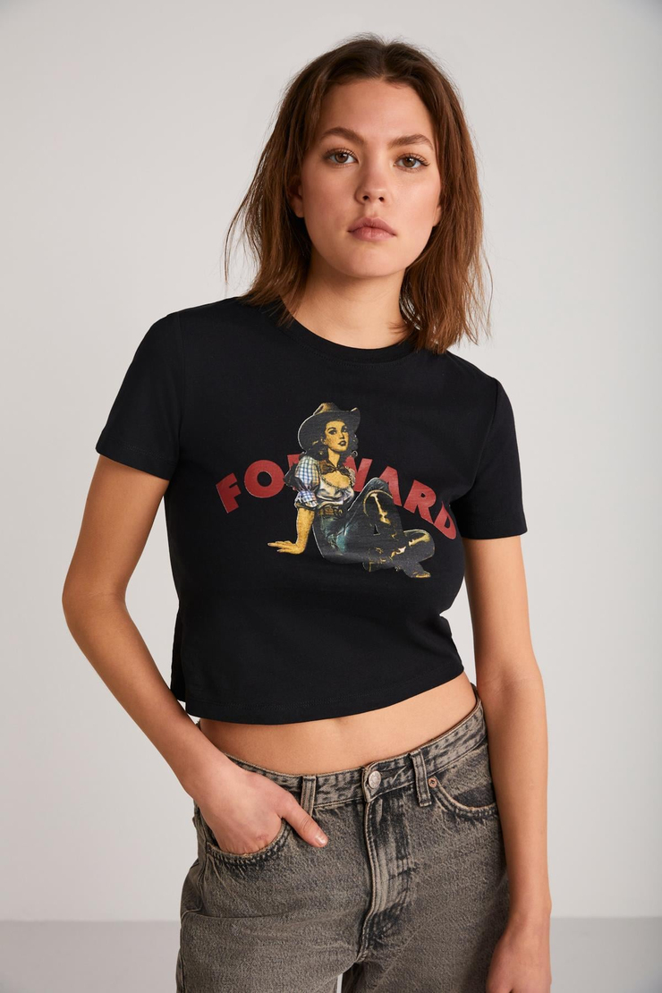 ICE Basic Crop Siyah Tekli T-Shirt