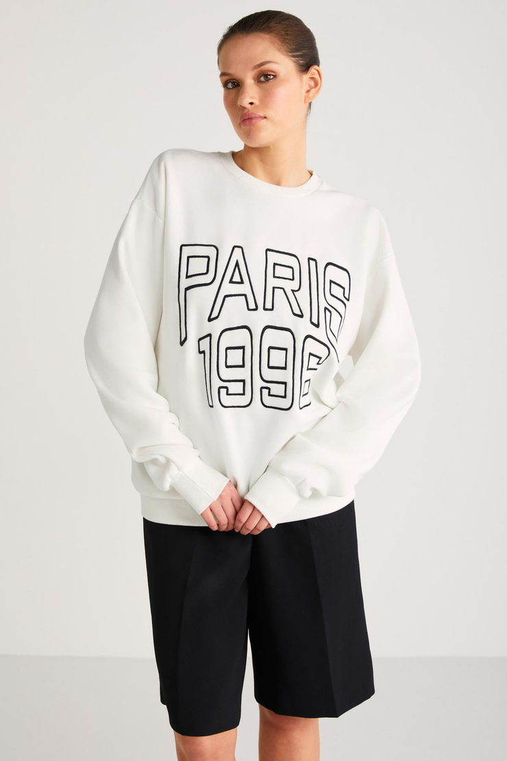 IMOGEN  Oversize Ekru Tekli Sweatshirt