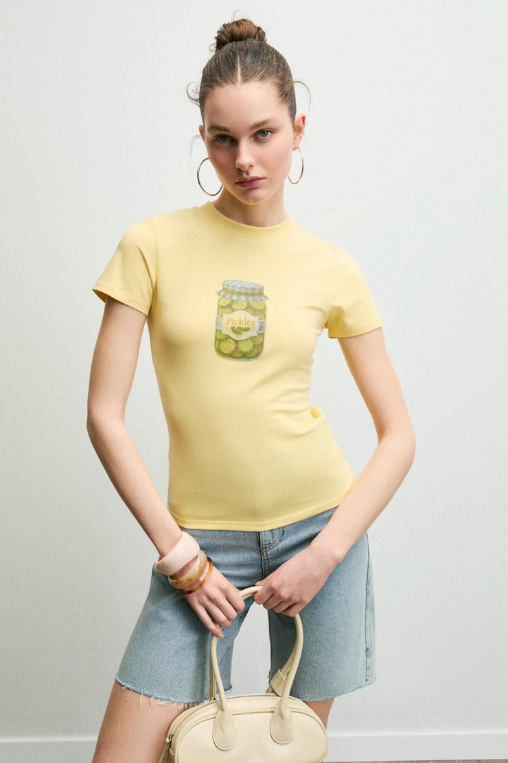IMPERIA Kadın Yumuşak Kumaşlı Organik Pamuklu Baskı Detaylı Sarı T-Shirt