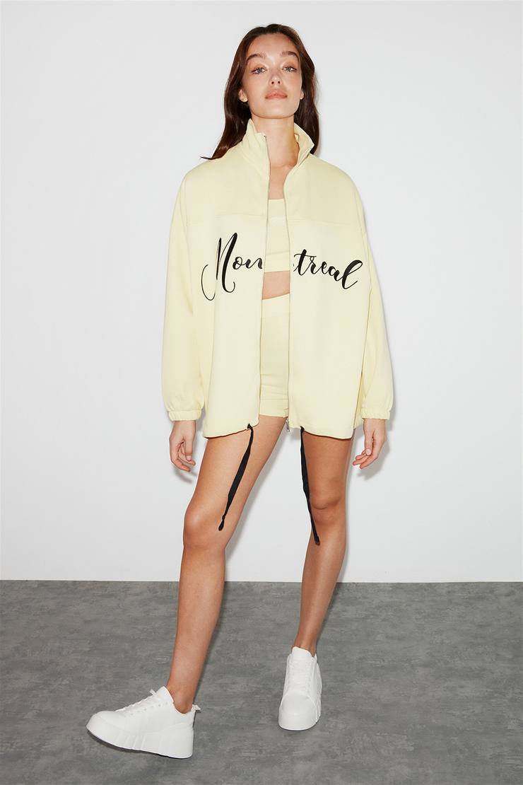 INDIA Kadın Sarı Nakışlı-İşlemeli Dik Yakalı Oversize Sweatshirt