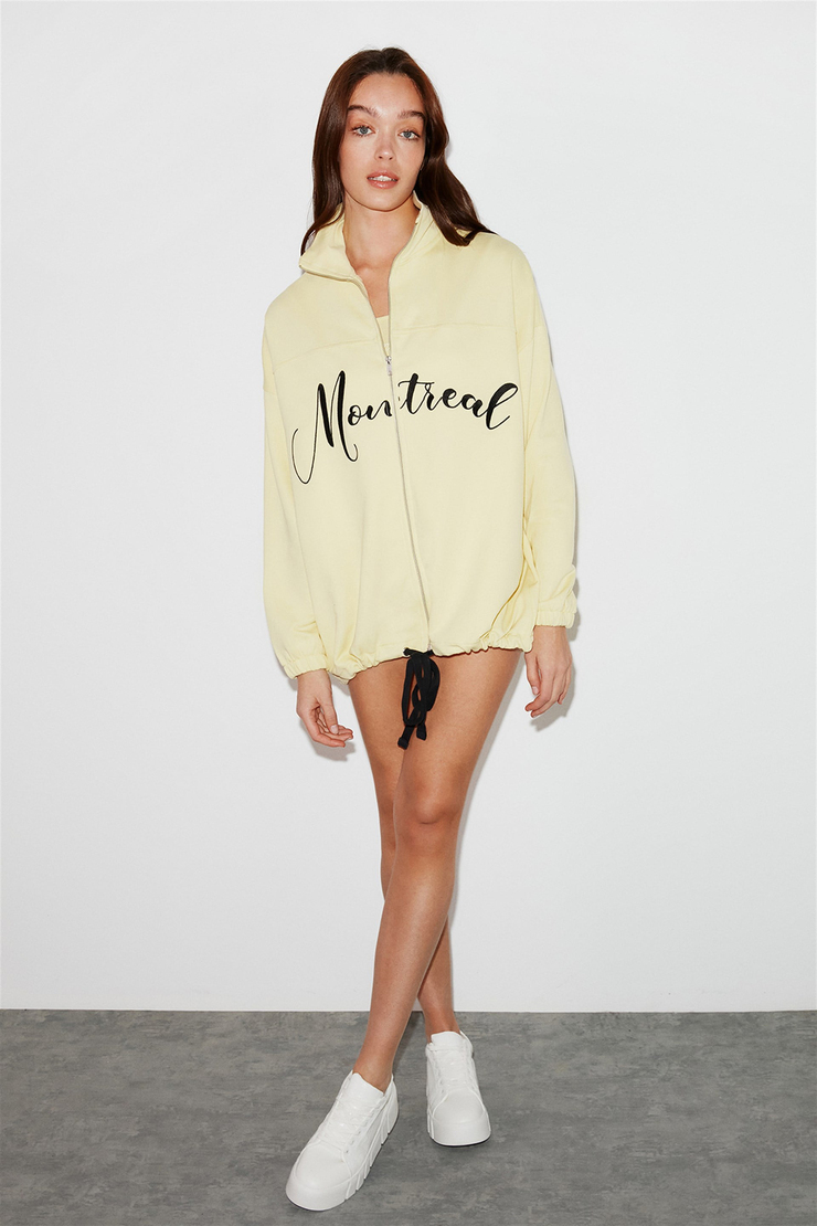 INDIA Kadın Sarı Nakışlı-İşlemeli Dik Yakalı Oversize Sweatshirt
