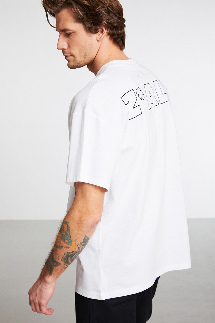 INITIATE Erkek Beyaz Baskılı Yuvarlak Yaka Oversize T-Shirt