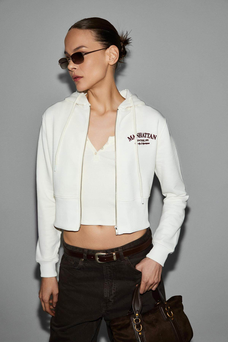 IRESSINE Kadın Kapüşonlu Fermuarlı Uzun Kollu Regular Beyaz Sweatshirt