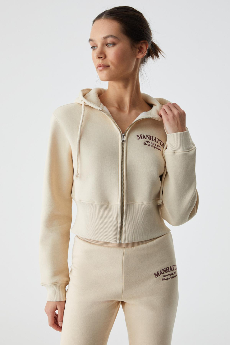 IRESSINE Kadın Kapüşonlu Fermuarlı Uzun Kollu Regular Taş Rengi Sweatshirt