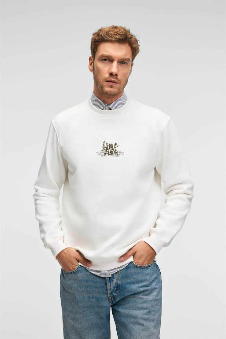 IRVING Erkek Yuvarlak Yaka Göğsü Ve Önü Regular Fit Ekru Sweatshirt