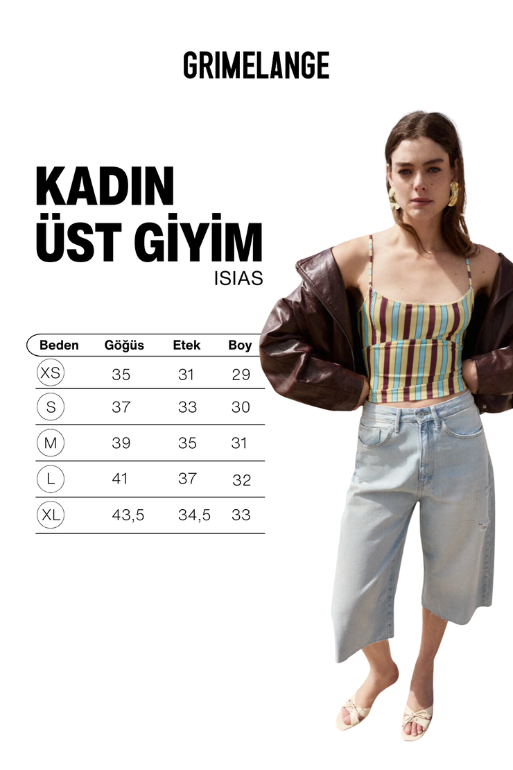 ISIAS Kadın Yumuşak Ve Esnek Kumaşlı Vucuda Oturan Dantel Detaylı Askılı Mavi Çizgili Bluz