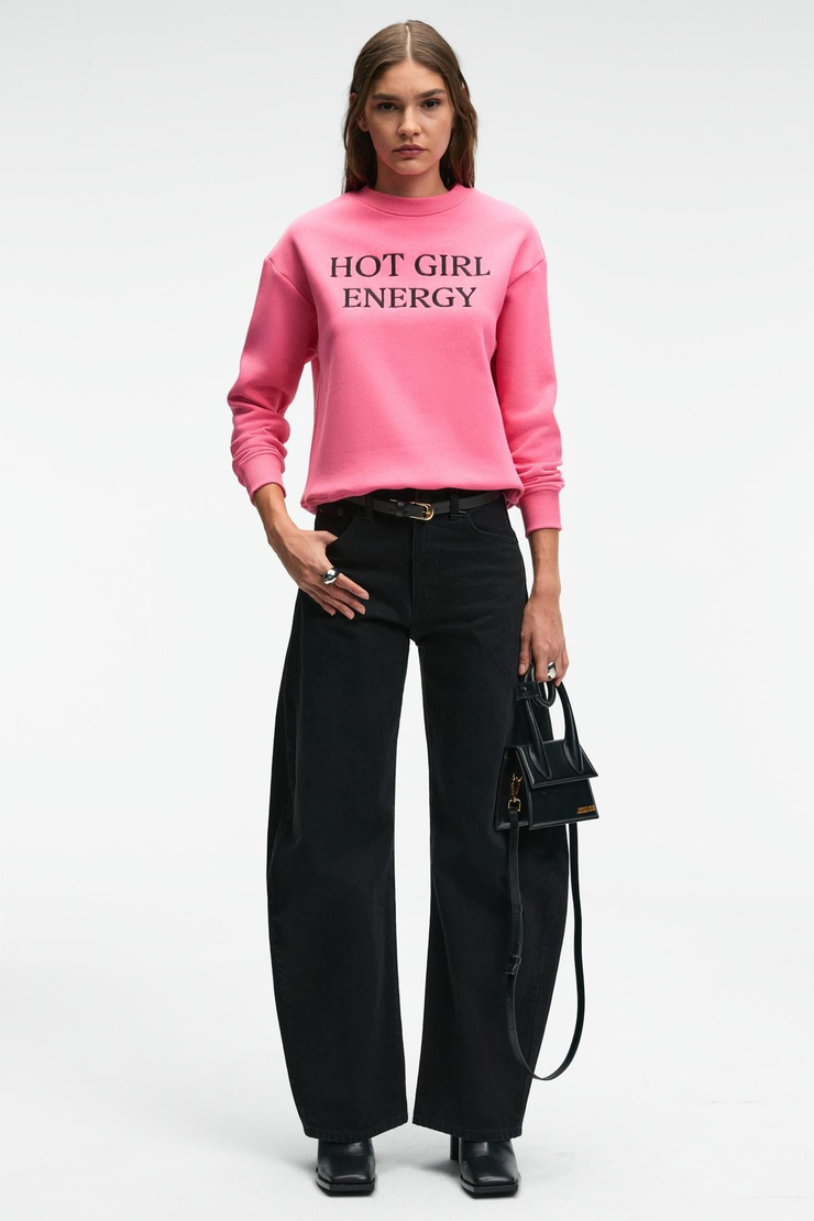 ISOLUNE Kadın Yaka Nakış Detaylı Oversize Bisiklet Yaka Pembe Sweatshirt