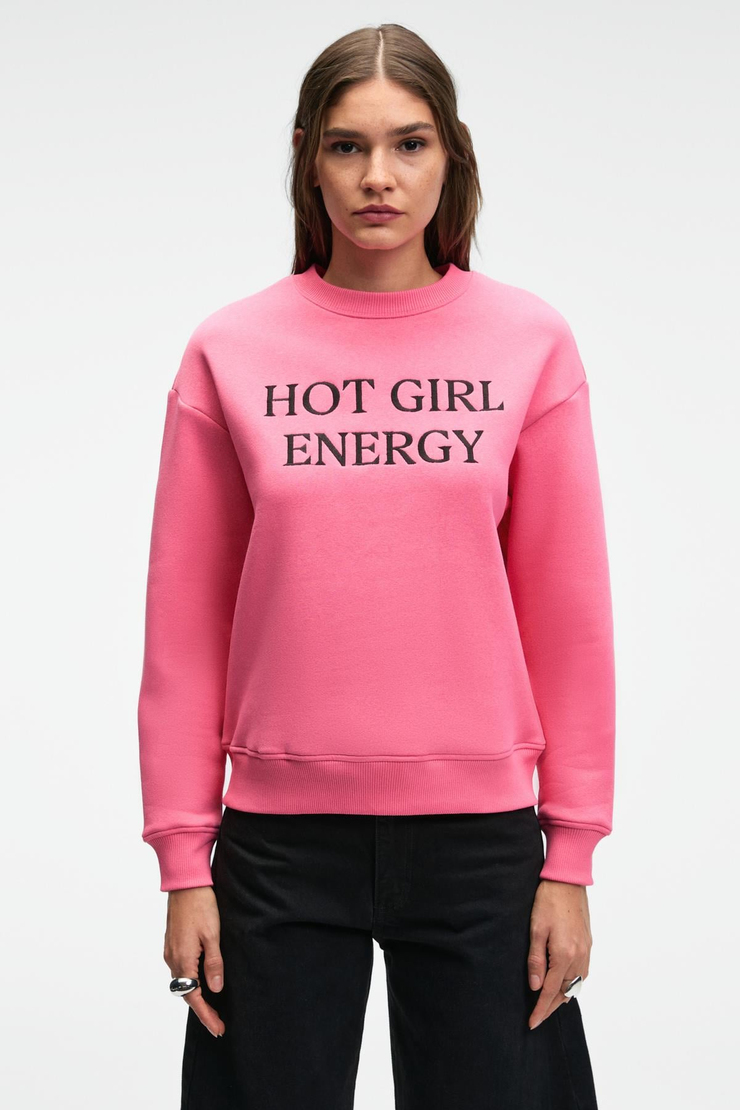 ISOLUNE Kadın Yaka Nakış Detaylı Oversize Bisiklet Yaka Pembe Sweatshirt