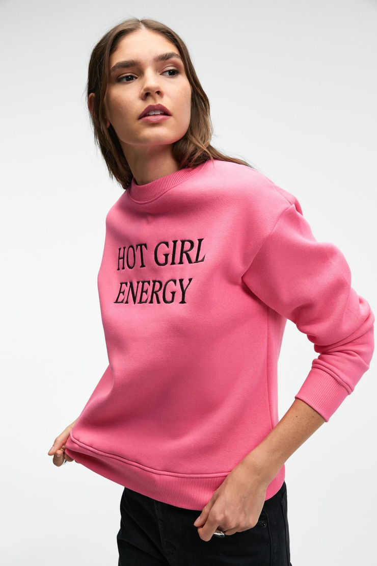 ISOLUNE Kadın Yaka Nakış Detaylı Oversize Bisiklet Yaka Pembe Sweatshirt