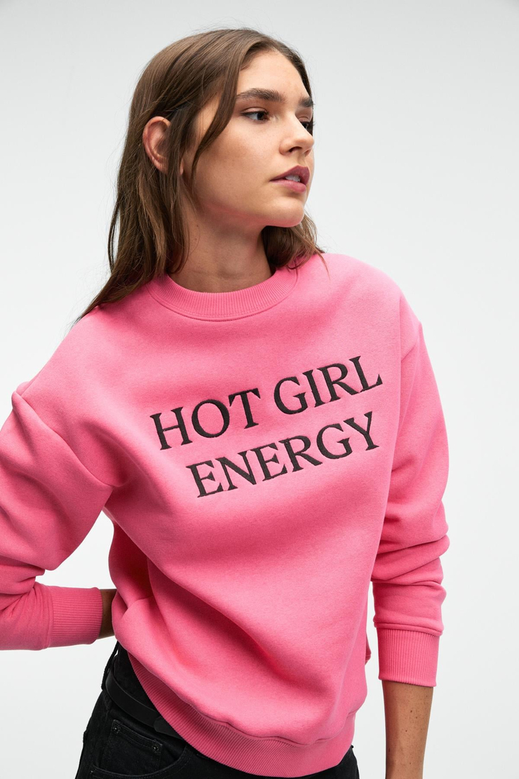 ISOLUNE Kadın Yaka Nakış Detaylı Oversize Bisiklet Yaka Pembe Sweatshirt