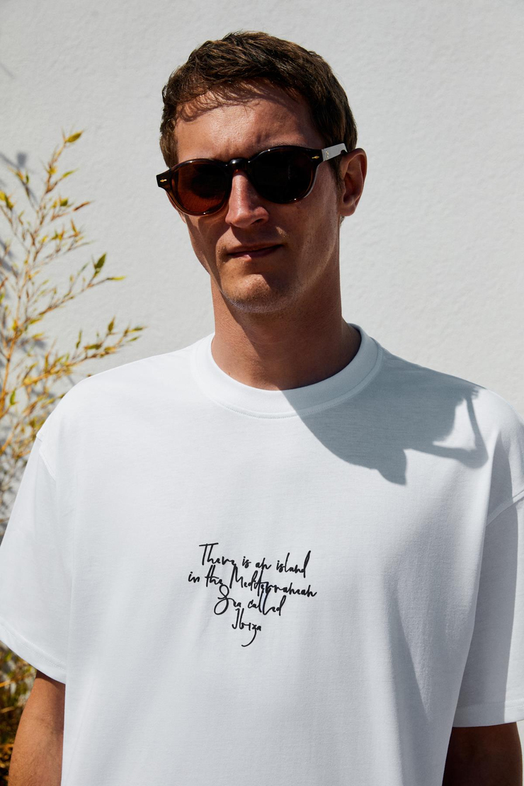 ITALIA Erkek %100 Organik Pamuk Ön Arka Baskı Detaylı Oversize Kısa Kol Beyaz T-Shirt