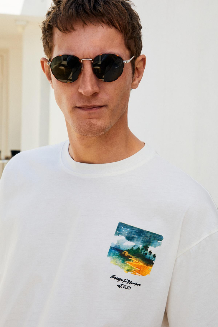 ITALIA Erkek %100 Organik Pamuk Ön Arka Baskı Detaylı Oversize Kısa Kol Ekru T-Shirt