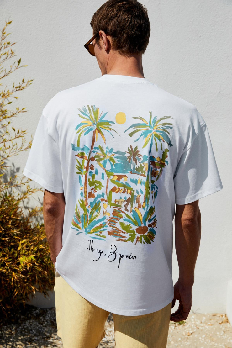 ITALIA Erkek %100 Organik Pamuk Ön Arka Baskı Detaylı Oversize Kısa Kol Beyaz T-Shirt