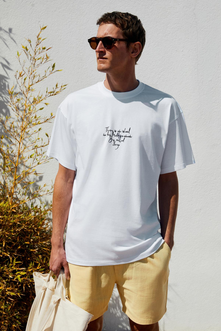 ITALIA Erkek %100 Organik Pamuk Ön Arka Baskı Detaylı Oversize Kısa Kol Beyaz T-Shirt