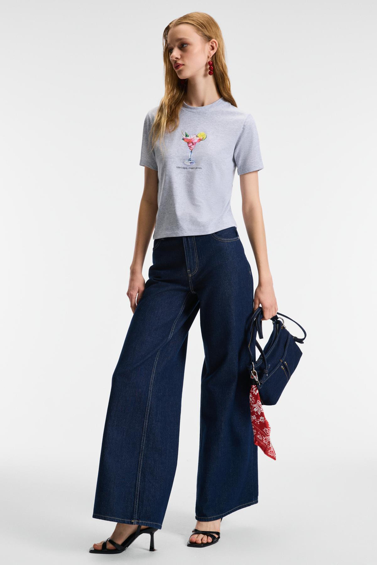 IVONNE Kadın Cocktail Baskı Desenli Kısa Kollu Organik Pamuklu Bisiklet Yaka Crop Grimelanj T-Shirt