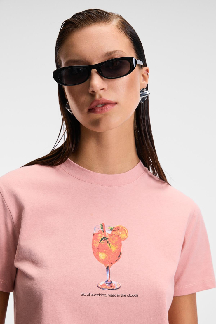 IVONNE Kadın Cocktail Baskı Desenli Kısa Kollu Organik Pamuklu Bisiklet Yaka Crop Pembe T-Shirt