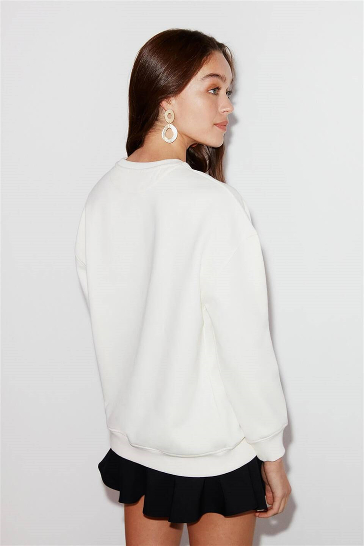 IVORY Kadın Ekru Baskılı Yuvarlak Yaka Oversize Sweatshirt