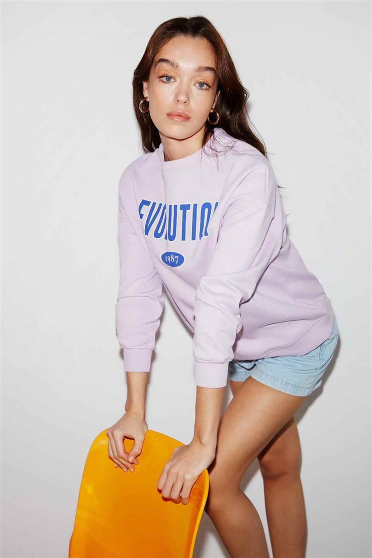 IVORY Kadın Lila Baskılı Yuvarlak Yaka Oversize Sweatshirt