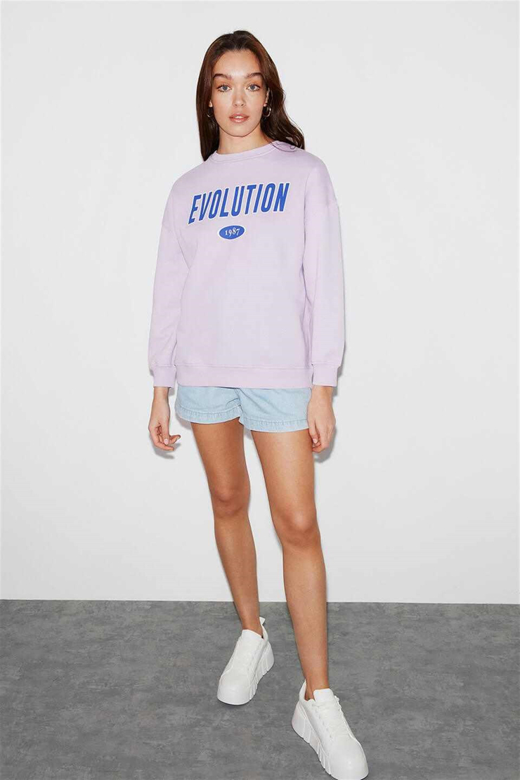 IVORY Kadın Lila Baskılı Yuvarlak Yaka Oversize Sweatshirt