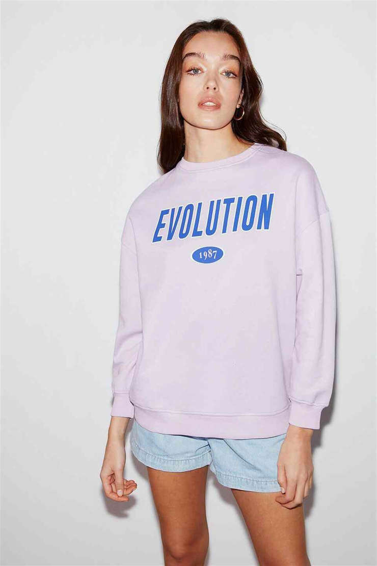 IVORY Kadın Lila Baskılı Yuvarlak Yaka Oversize Sweatshirt