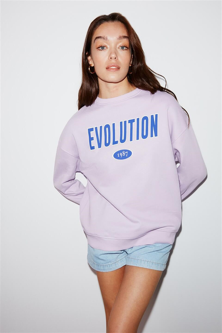 IVORY Kadın Lila Baskılı Yuvarlak Yaka Oversize Sweatshirt