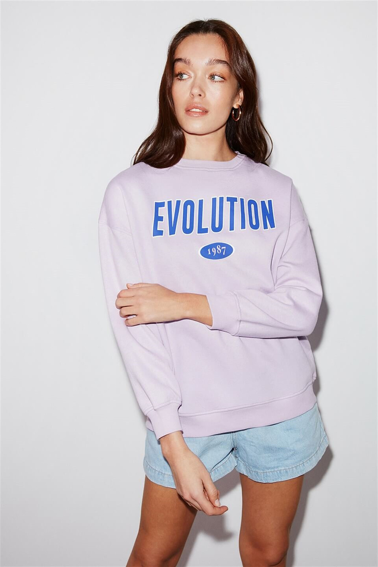 IVORY Kadın Lila Baskılı Yuvarlak Yaka Oversize Sweatshirt