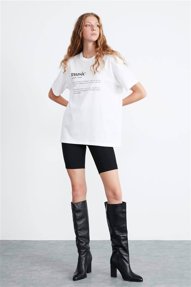 IVY Kadın Beyaz Baskılı Yuvarlak Yaka Oversize T-Shirt
