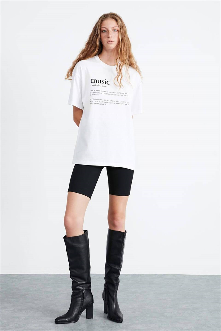 IVY Kadın Beyaz Baskılı Yuvarlak Yaka Oversize T-Shirt