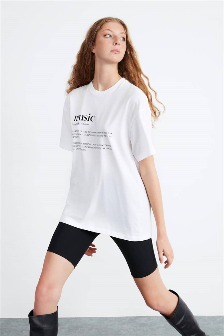 IVY Kadın Beyaz Baskılı Yuvarlak Yaka Oversize T-Shirt
