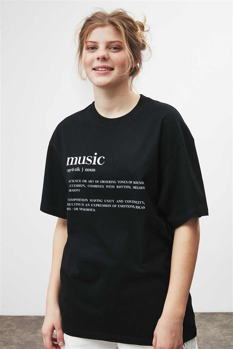 IVY Kadın Siyah Baskılı Yuvarlak Yaka Oversize T-Shirt