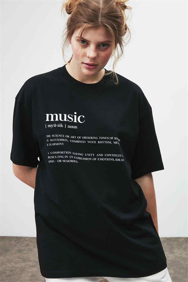 IVY Kadın Siyah Baskılı Yuvarlak Yaka Oversize T-Shirt