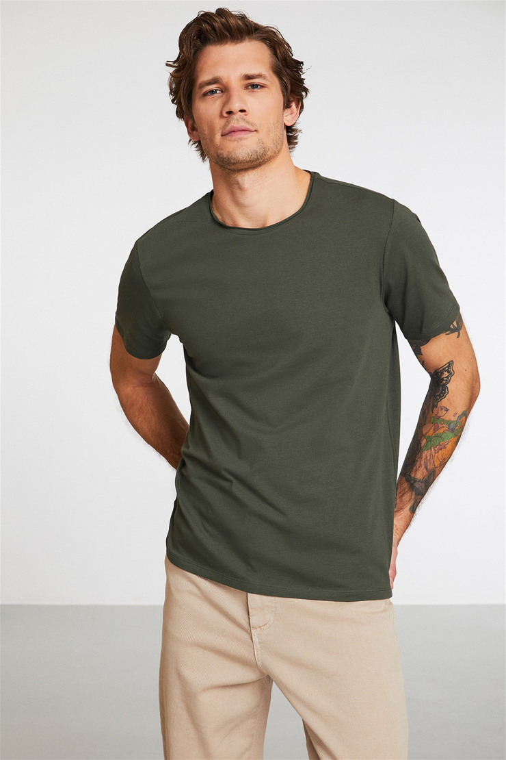 JACE Erkek Haki Düz Renk Yuvarlak Yaka Slim Fit T-Shirt