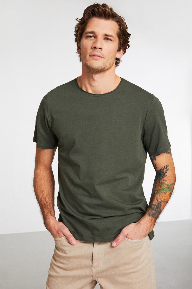 JACE Erkek Haki Düz Renk Yuvarlak Yaka Slim Fit T-Shirt