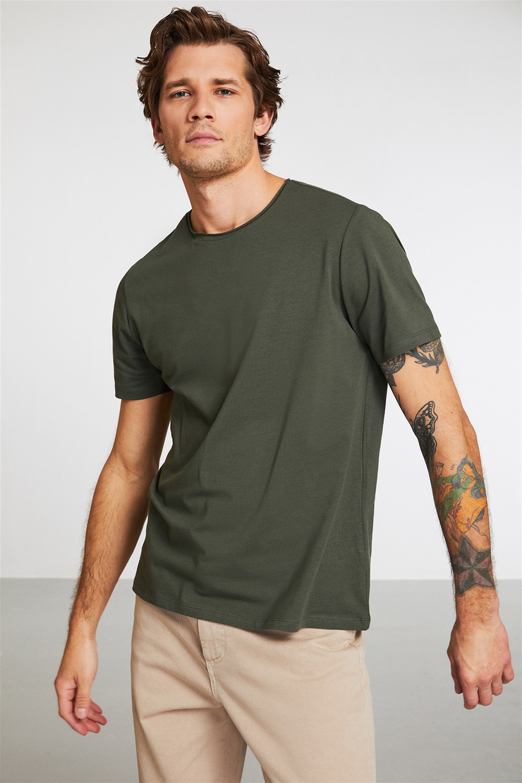 JACE Erkek Haki Düz Renk Yuvarlak Yaka Slim Fit T-Shirt