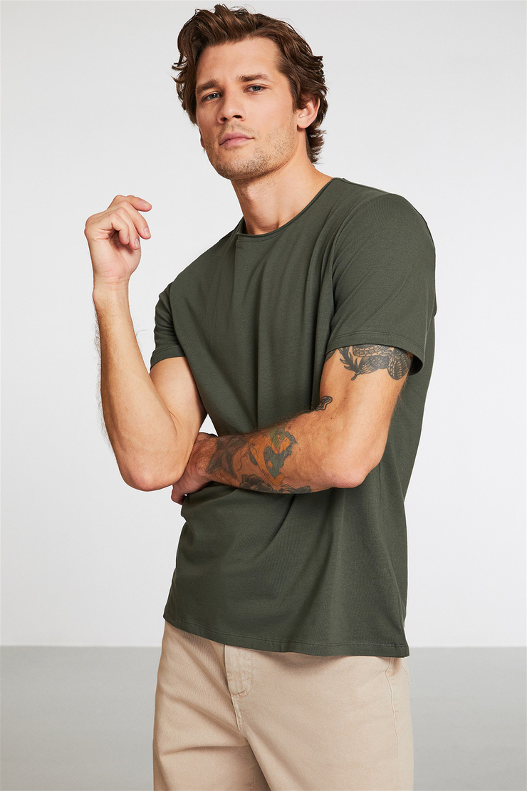 JACE Erkek Haki Düz Renk Yuvarlak Yaka Slim Fit T-Shirt