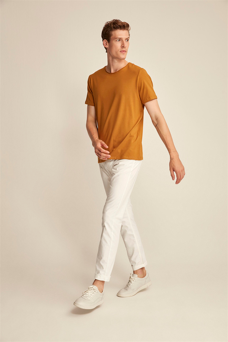JACE Erkek Kahverengi Düz Renk Yuvarlak Yaka Slim Fit T-Shirt