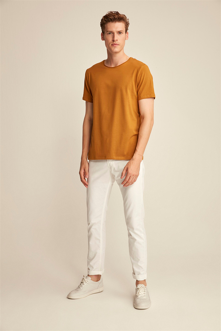 JACE Erkek Kahverengi Düz Renk Yuvarlak Yaka Slim Fit T-Shirt