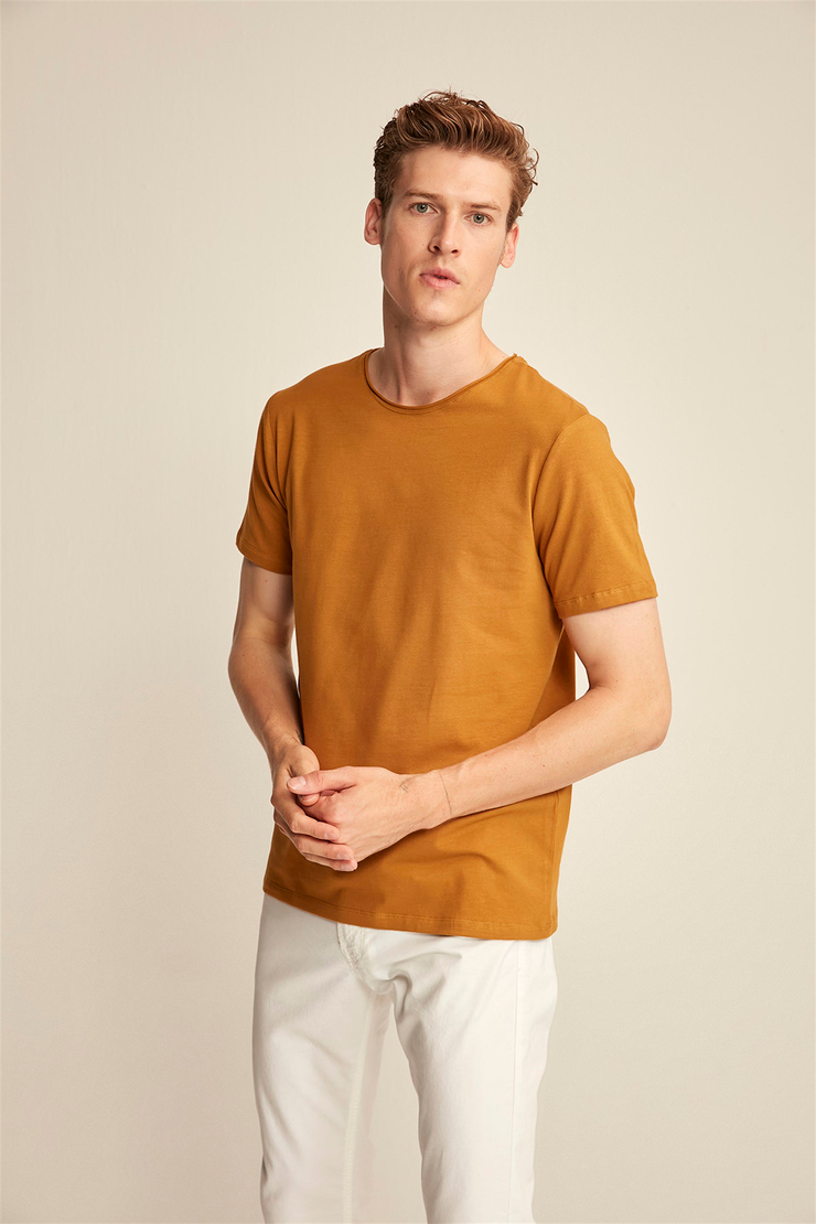 JACE Erkek Kahverengi Düz Renk Yuvarlak Yaka Slim Fit T-Shirt