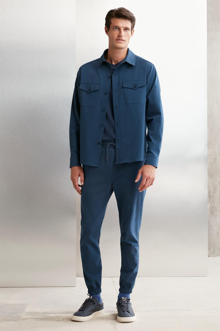 JAKOB  Comfort Mavi Tekli Pantolon