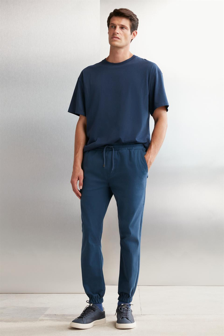 JAKOB  Comfort Mavi Tekli Pantolon