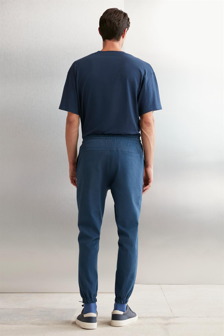 JAKOB  Comfort Mavi Tekli Pantolon