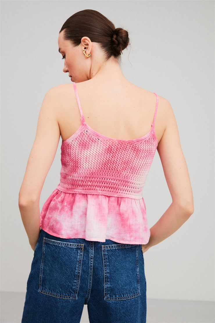 JAMİE Pembe Kadın Batik Yıkamalı   Dokuma Garnili Askılı Triko   Bluz