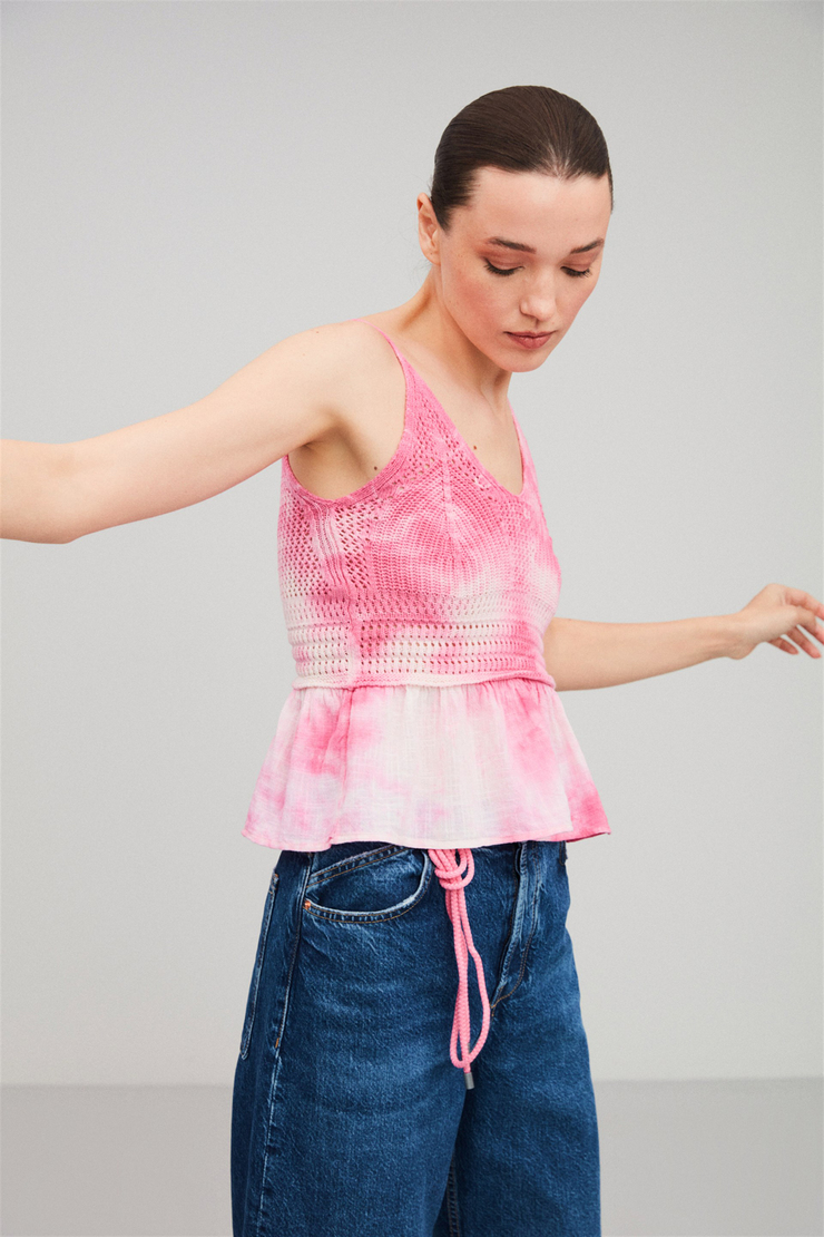 JAMİE Pembe Kadın Batik Yıkamalı   Dokuma Garnili Askılı Triko   Bluz