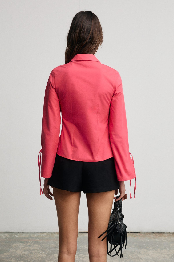 JANETA Kadın Kolları Biye Bağlamalı Slim Fit Vucuda Oturan Beyaz Nar Çiçeği Gömlek
