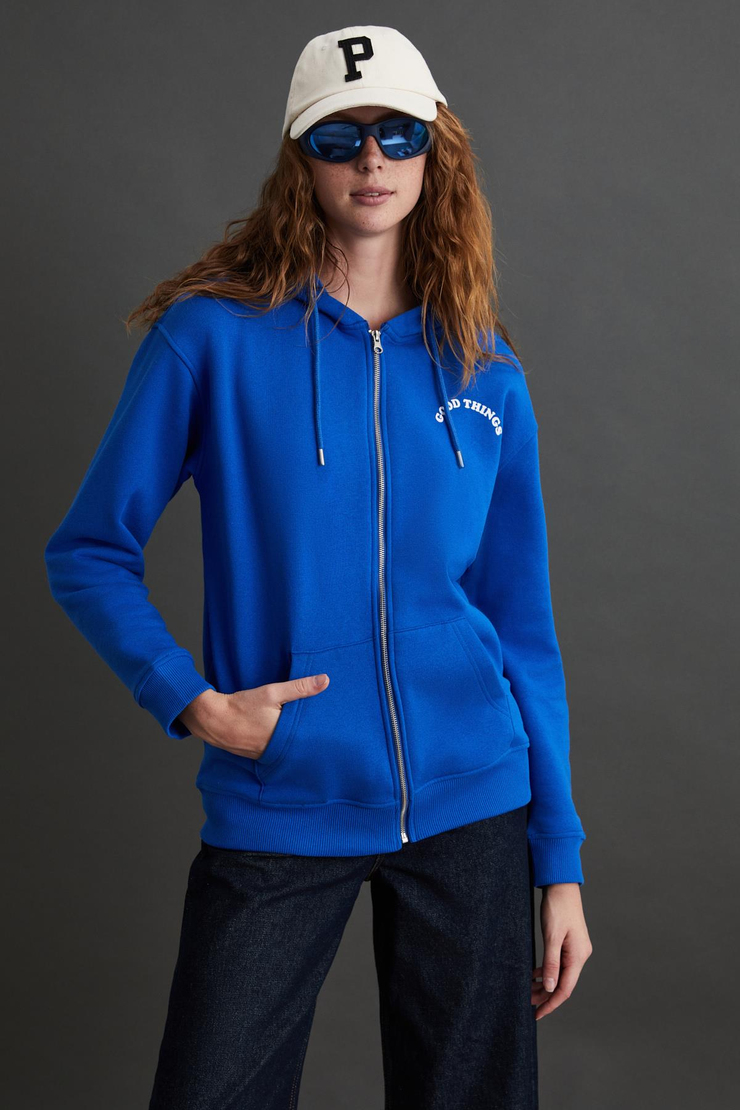 JASLEEN Basic Regular Parlament Mavi Tekli Sweatshirt